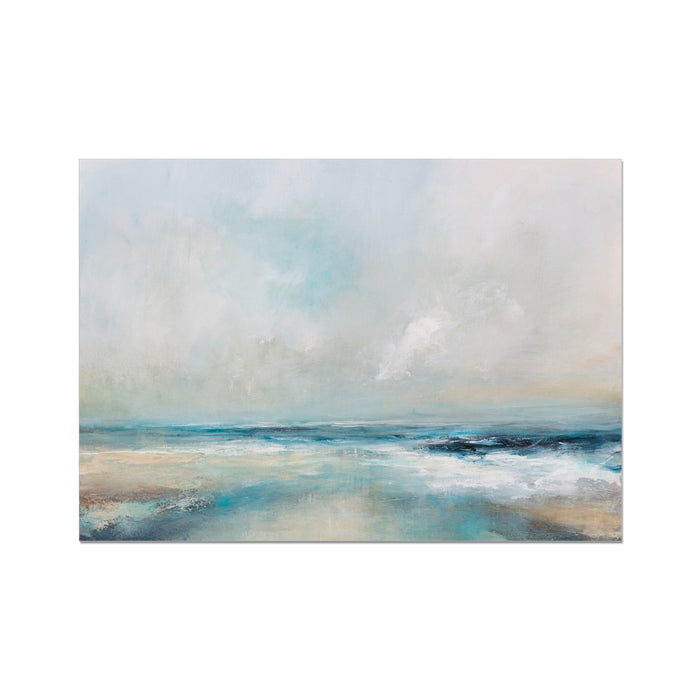 A dreamy sea painting with gentle waves and soft color palette, representing a coastal art print.