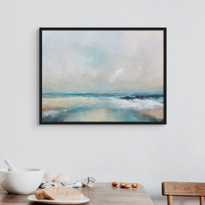 Beach painting with a dreamy feel framed above a breakfast table.