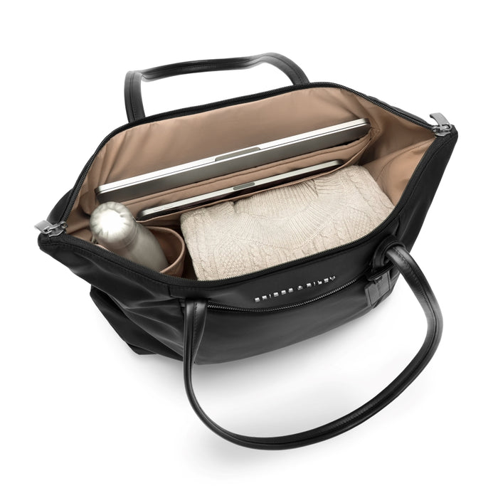Briggs & Riley Rhapsody expandable travel tote bag in black, featuring spacious compartments and durable handles.