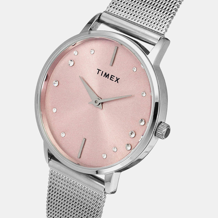 Fashion Women Quartz Pink Dial Analog Stainless Steel Watch TWEL15600