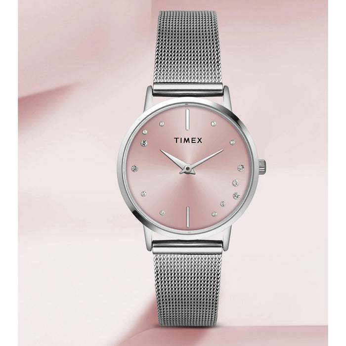 Fashion Women Quartz Pink Dial Analog Stainless Steel Watch TWEL15600