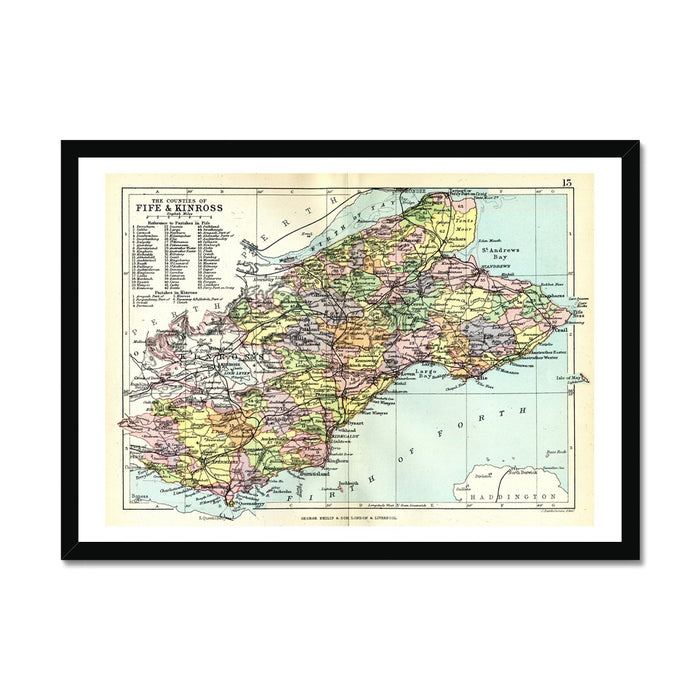 Framed vintage map print of Fife and Kinross, Scotland, featuring coloured cartography on a textured paper surface, enclosed in a black frame.