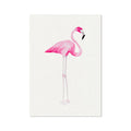 A watercolour painting of a pink flamingo on a white background.