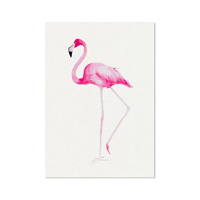 A watercolour painting of a pink flamingo on a white background.