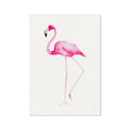 A watercolour painting of a pink flamingo on a white background.