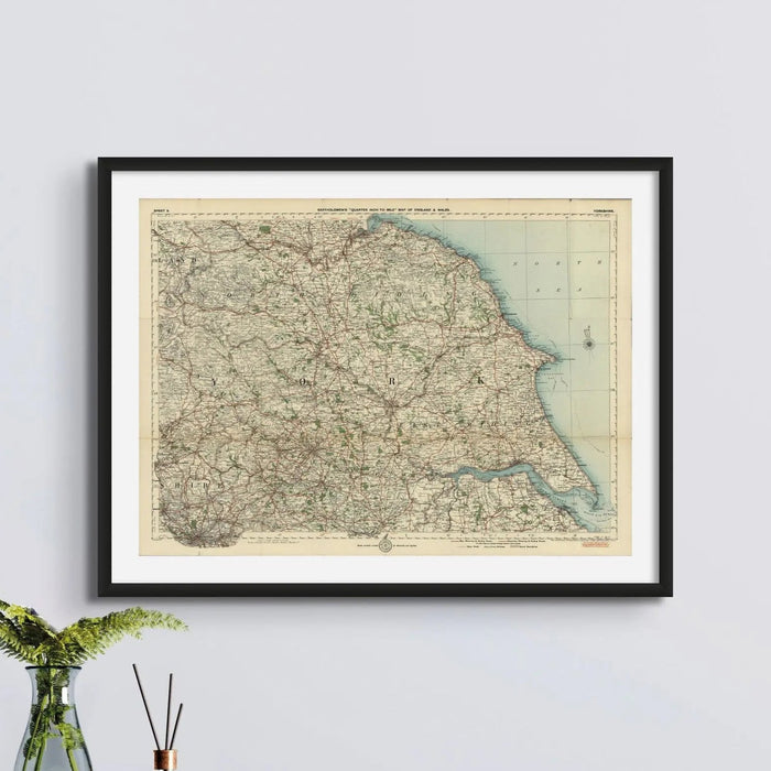 Framed Yorkshire Map Print | Vintage Map Print | Yorkshire - Framed