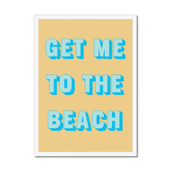 Poster with 'GET ME TO THE BEACH' text on a yellow background