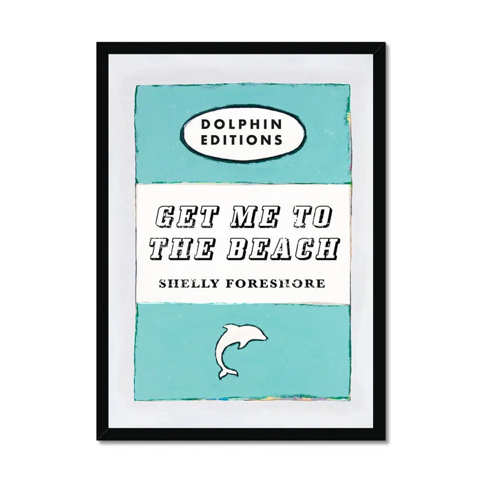 framed print of a vintage book cover art titled "Get Me to the Beach" in aqua blue