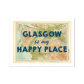 A framed art print featuring a map with the text 'GLASGOW is my HAPPY PLACE' overlayed on top.