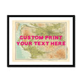 Framed map print of Glasgow with a pink hand-drawn font, customisable with text, displayed in a simple black frame.