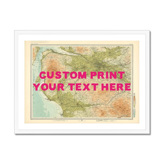 Framed map print of Glasgow with a pink hand-drawn font, customisable with text, displayed in a simple white frame.