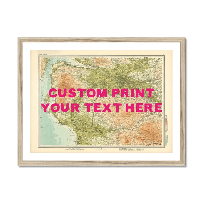 Framed map print of Glasgow with a pink hand-drawn font, customisable with text, displayed in a simple wood frame.