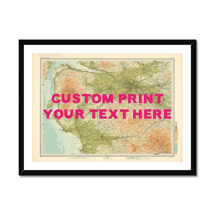 Framed map print of Glasgow with a pink hand-drawn font, customisable with text, displayed in a simple black frame.