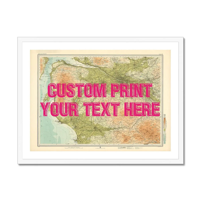 A framed custom map print of Glasgow with a pink vintage font, showing a section of the map with various shades representing different areas, and text placeholder saying 'CUSTOM PRINT YOUR TEXT HERE'.