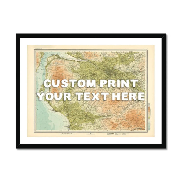Framed map print of Glasgow with a white hand drawn font for custom text, featuring a simple, elegant black frame.