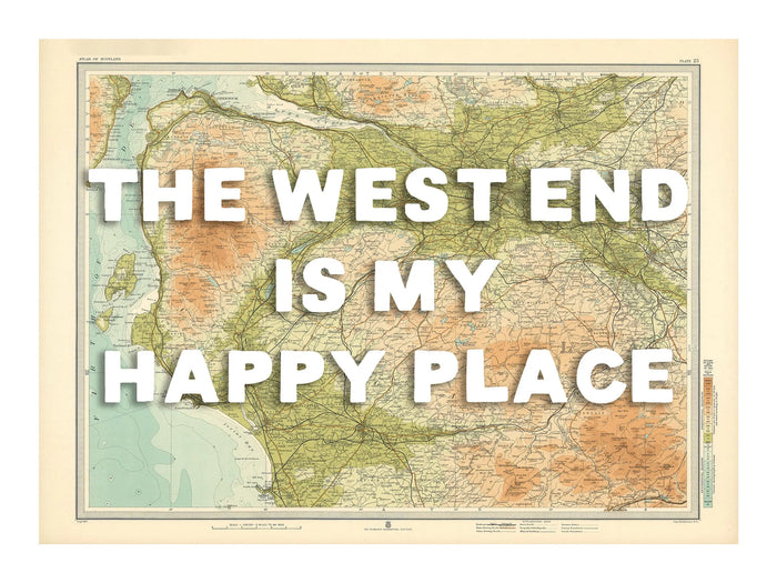 Framed map print of Glasgow with a white hand drawn font for custom text, featuring a simple, elegant black frame.