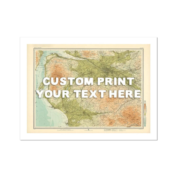 A framed map print of Glasgow with a white hand-drawn font, labeled 'CUSTOM PRINT YOUR TEXT HERE', on a textured background.