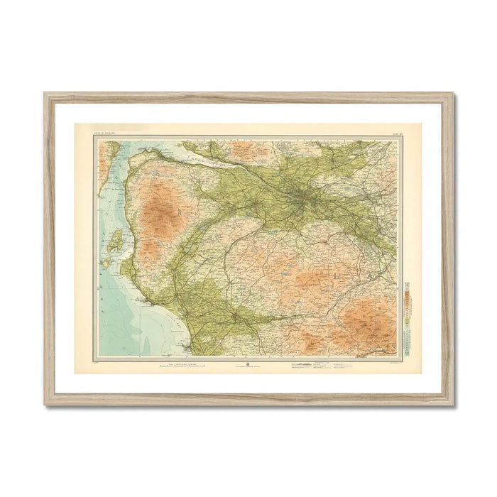 Glasgow Vintage Map Print - Framed vintage map print of the Glasgow area, featuring a detailed and colourful map enclosed in a simple silver frame.