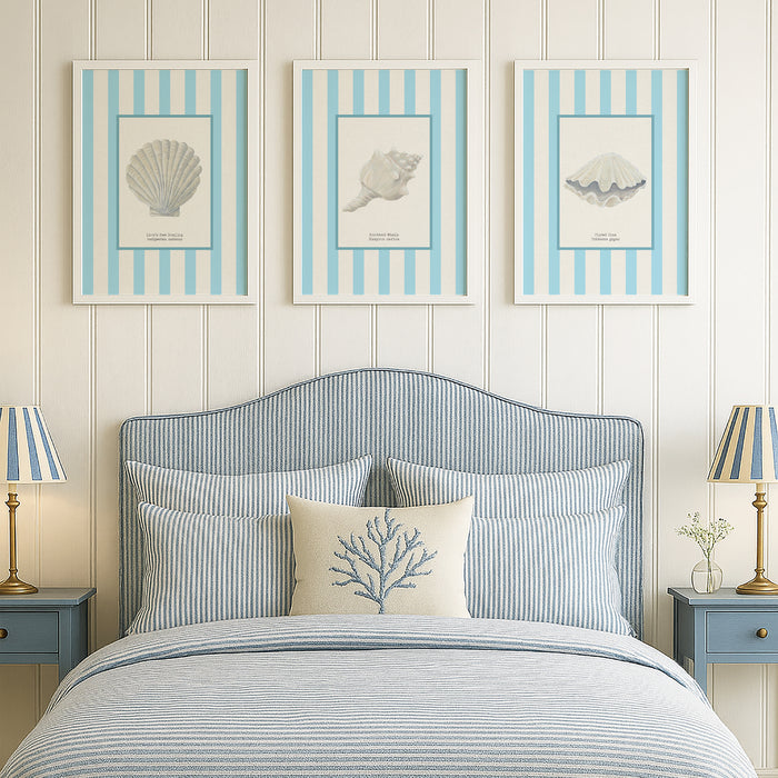 Hand-painted Scallop Shell Art Print | Aqua-blue Stripe Background - Framed