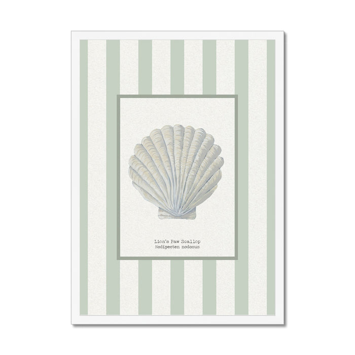 Framed artwork with a shell design on a striped background