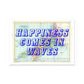 A framed art print featuring a vintage map of Cornwall with the text 'Happiness Comes In Waves' overlayed on top in a bold, blue font.