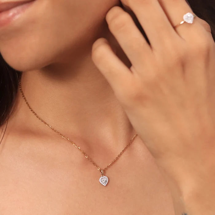 Heart Shaped Diamond Halo Pendant | Earthly Jewels | Model image