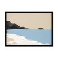 Framed artwork of a beach scene with blue water, white sand, and headland on a beige background.