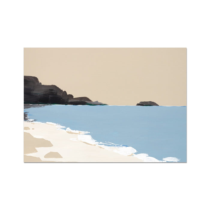 Simplified coastal beach painting with beige sky, blue water, and white sand.