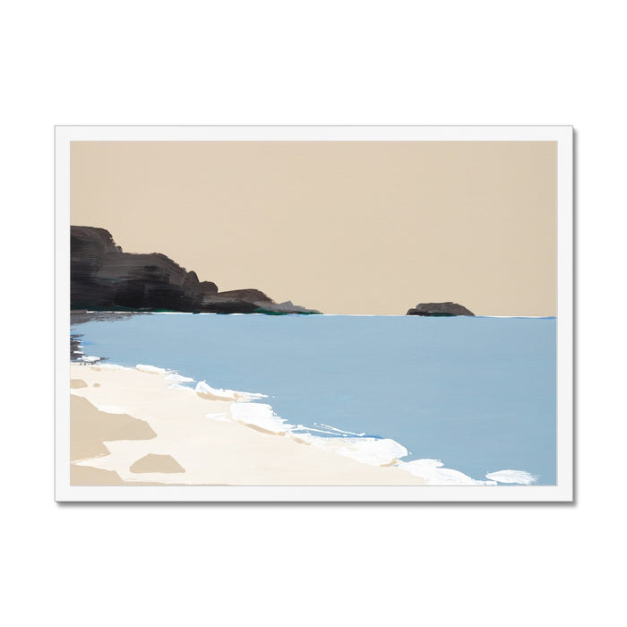 Simplified illustration of a beach scene with beige sky, blue water, and white sand.