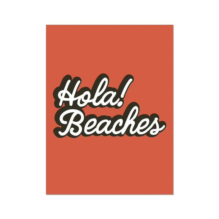 An orange art print with the text 'Hola Beaches' in a white and black font.