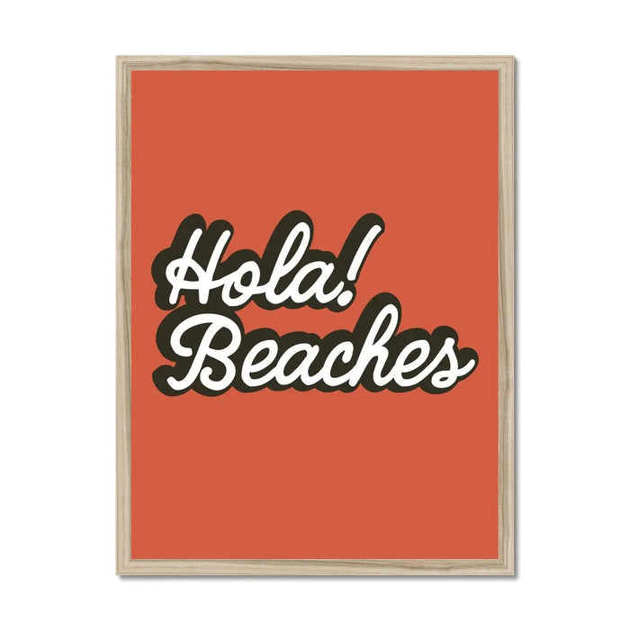 An orange art print with the text 'Hola Beaches' in a white and black font.