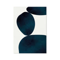 A minimalist abstract art print featuring two dark blue circular stone shapes on a white background.