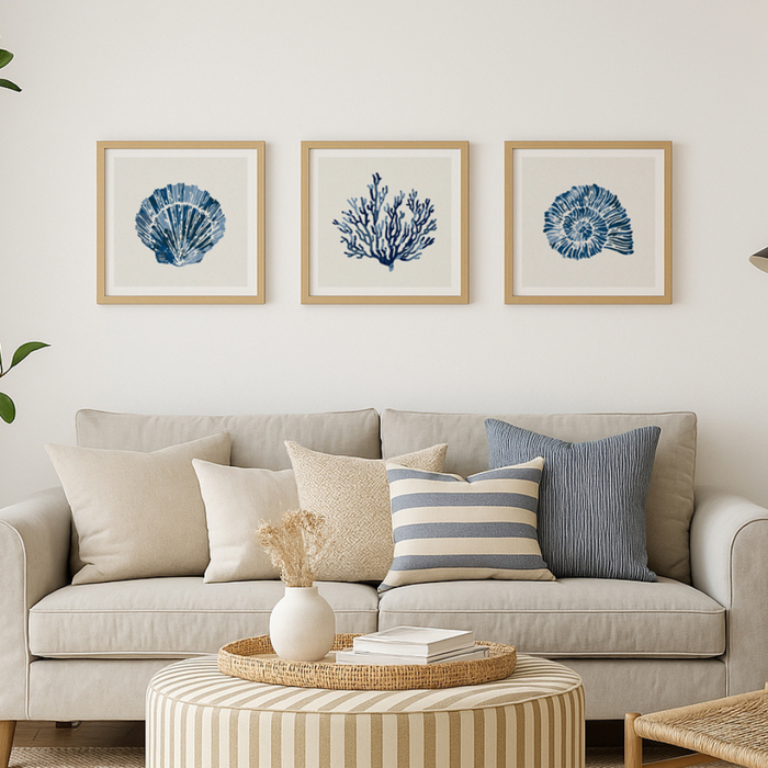 Set of three indigo coral and shell art prints framed above a sofa, coastal wall art in blue tones.