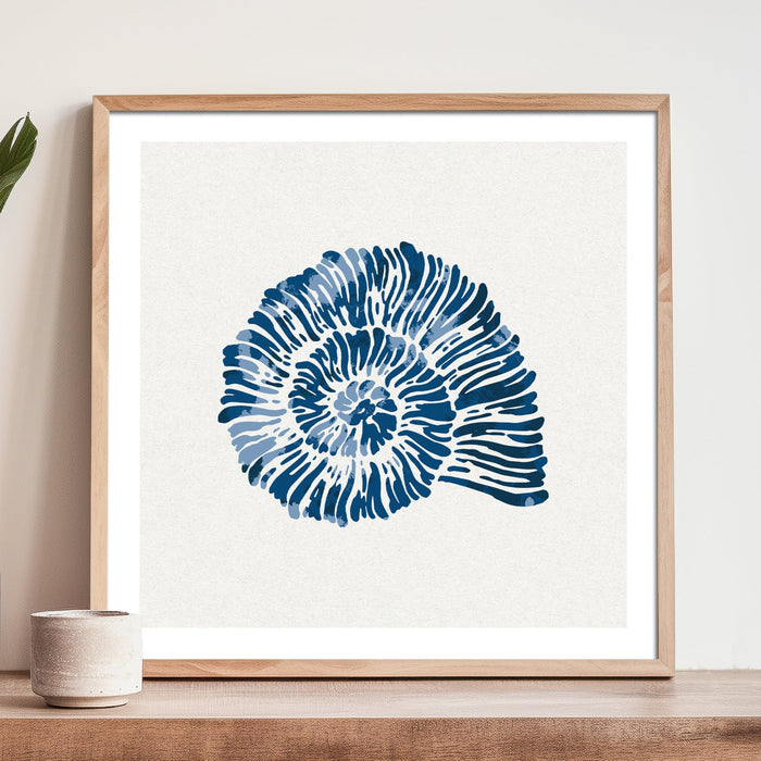 Indigo Spiral Shell Art Print | Watercolour Shell Art  - Framed