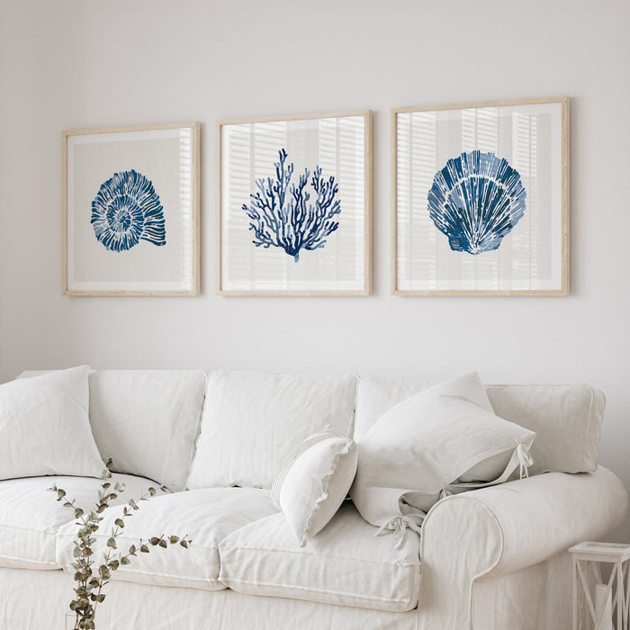 Indigo Spiral Shell Art Print | Watercolour Shell Art  - Framed