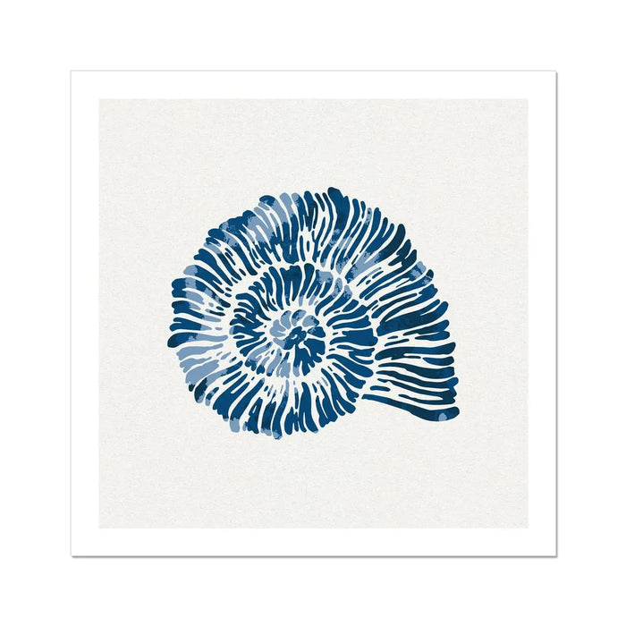 Indigo blue spiral shell art print in deep blue watercolour, square coastal wall art on white background.