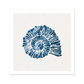 Indigo blue spiral shell art print in deep blue watercolour, square coastal wall art on white background.
