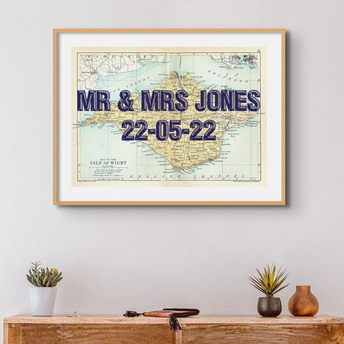 Personalised vintage Isle of Wight map art print of the Isle of Wight with navy font.