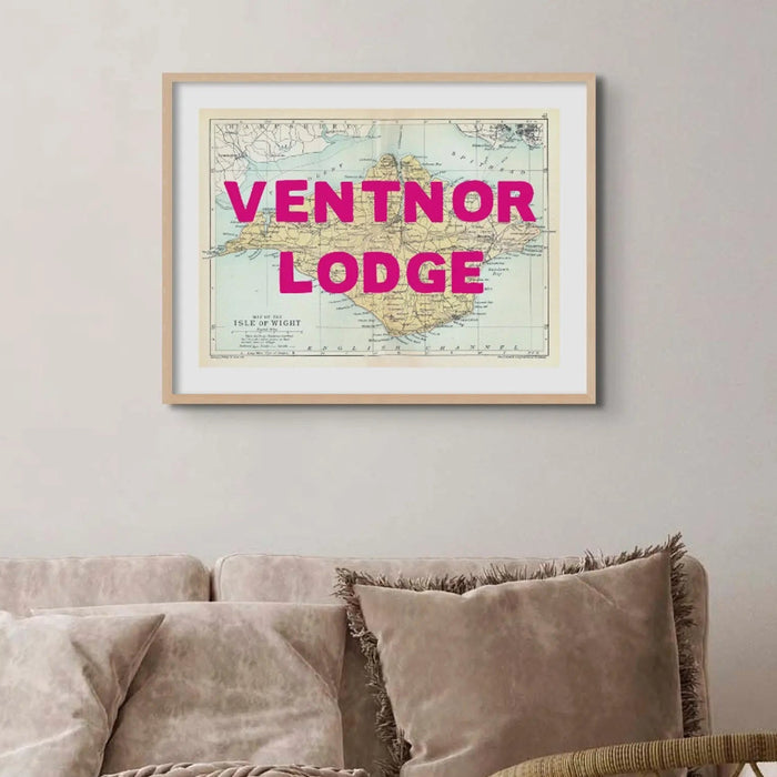 Isle of Wight Vintage Map Personalised Art Print in pink font - Framed Wall. Art
