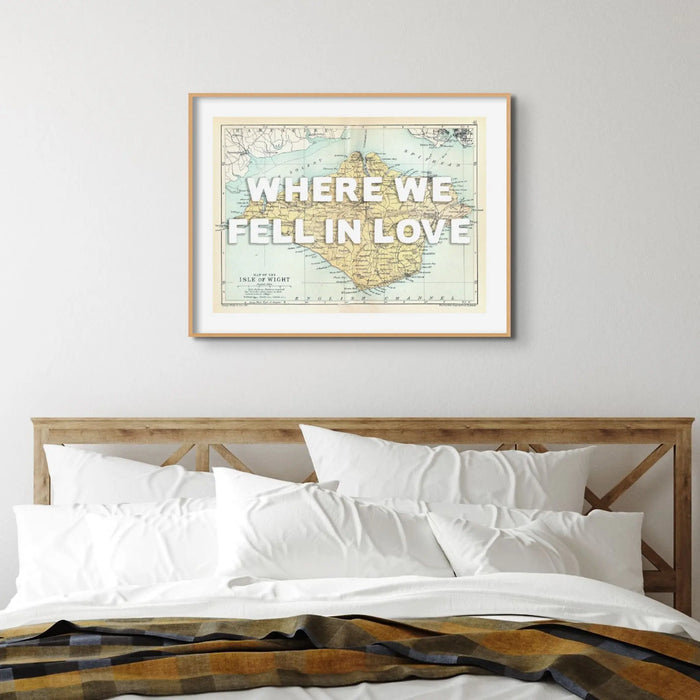 Framed personalised vintage map art print of the Isle of Wight with white font - Framed wall art