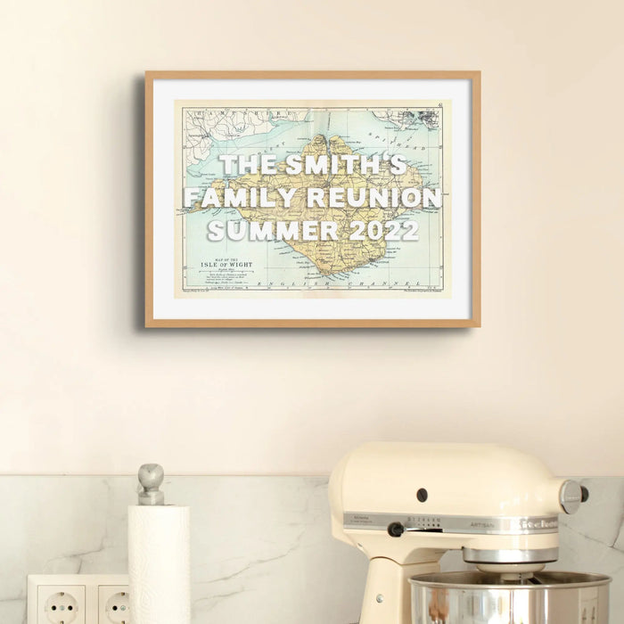 Framed personalised vintage map art print of the Isle of Wight with white font - Framed wall art