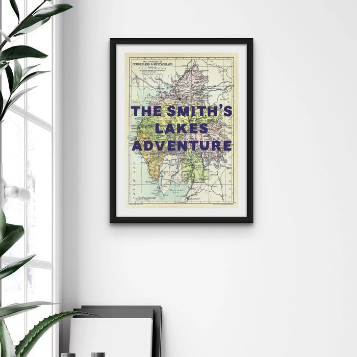 Custom map print of the Lake District | Personalised Lakes Map Art Print with Navy Font - Framed Wall Art