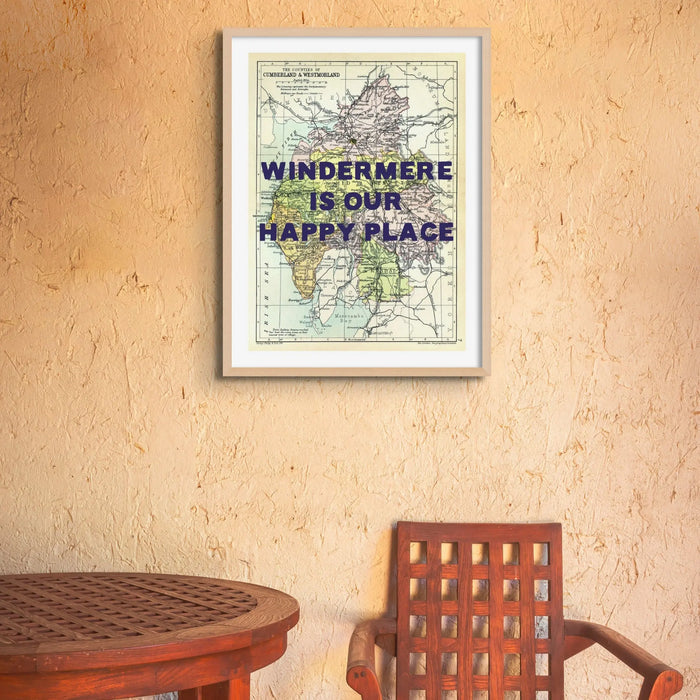 Custom map print of the Lake District | Personalised Lakes Map Art Print with Navy Font - Framed Wall Art