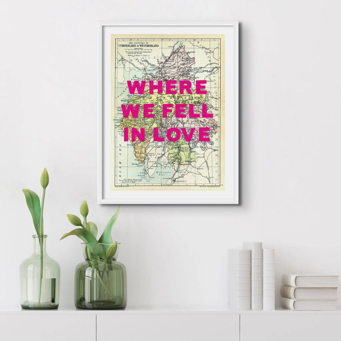 Custom Lake District Map Print | Personalised Art Print in Pink Font - Framed Wall Art