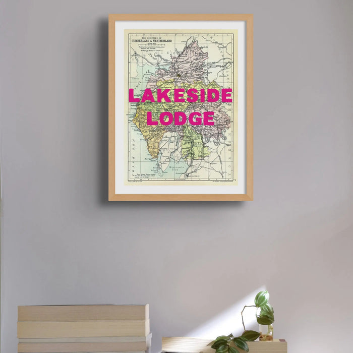 Custom Lake District Map Print | Personalised Art Print in Pink Font - Framed Wall Art