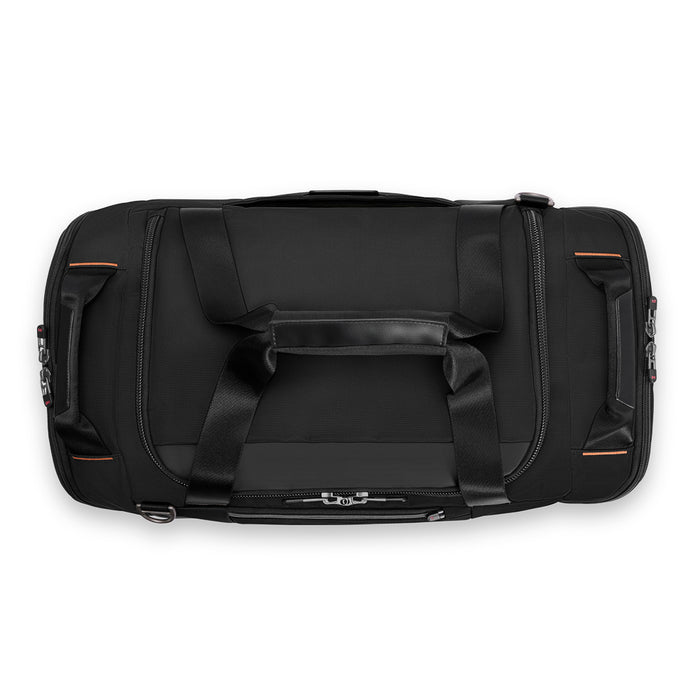 Large black travel duffle bag by Briggs & Riley, featuring durable fabric and spacious interior for easy packing.