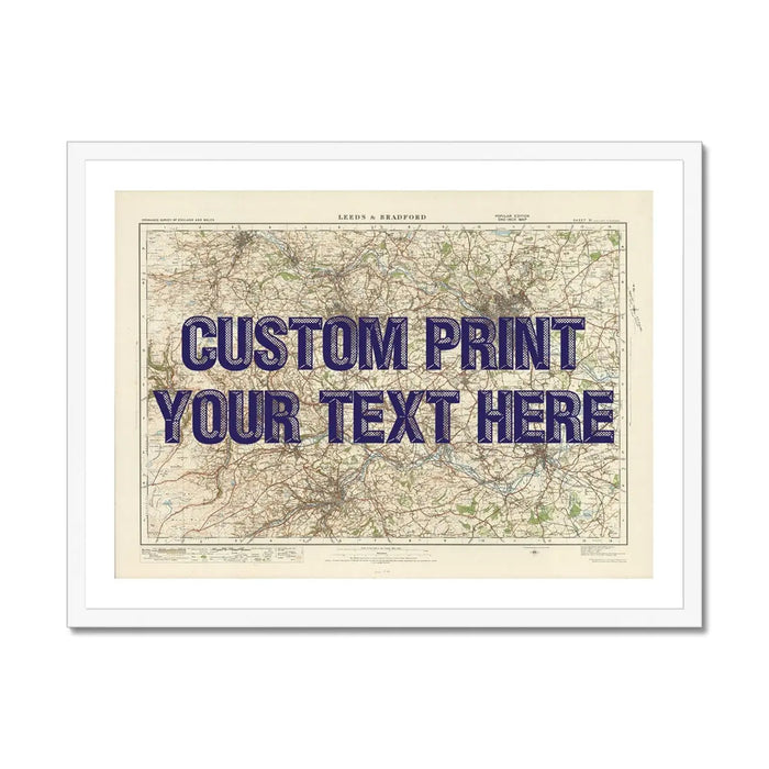 Framed personalised map print of Leeds with navy vintage font.
