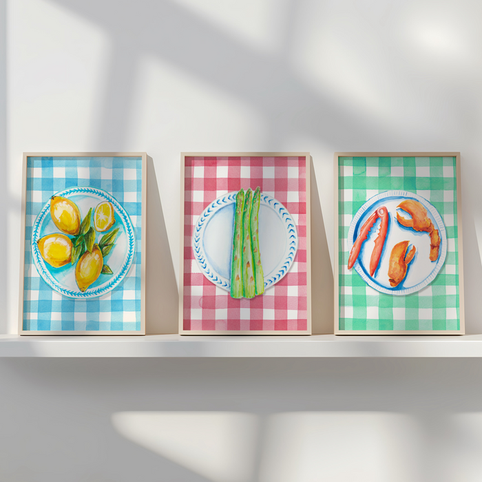 set of colourful kitchen art prints - food paintings on plates and colourful gingham backgrounds