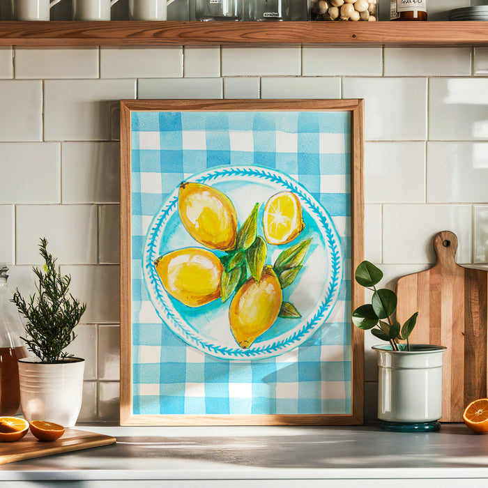 Lemon Painting on Blue Gingham | Kitchen Wall Art - Framed