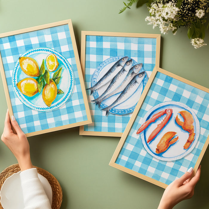 Lemon Painting on Blue Gingham | Kitchen Wall Art - Framed